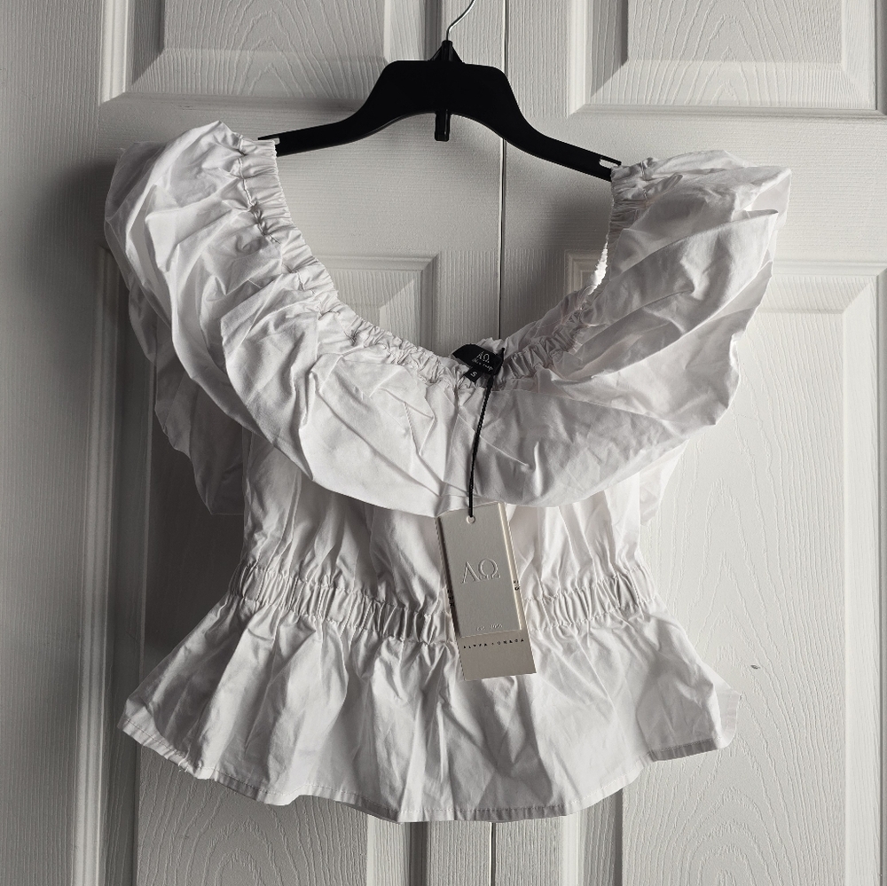 Alpha & Omega White Off Shoulder Peplum Puffy Sleeves Top Size Small